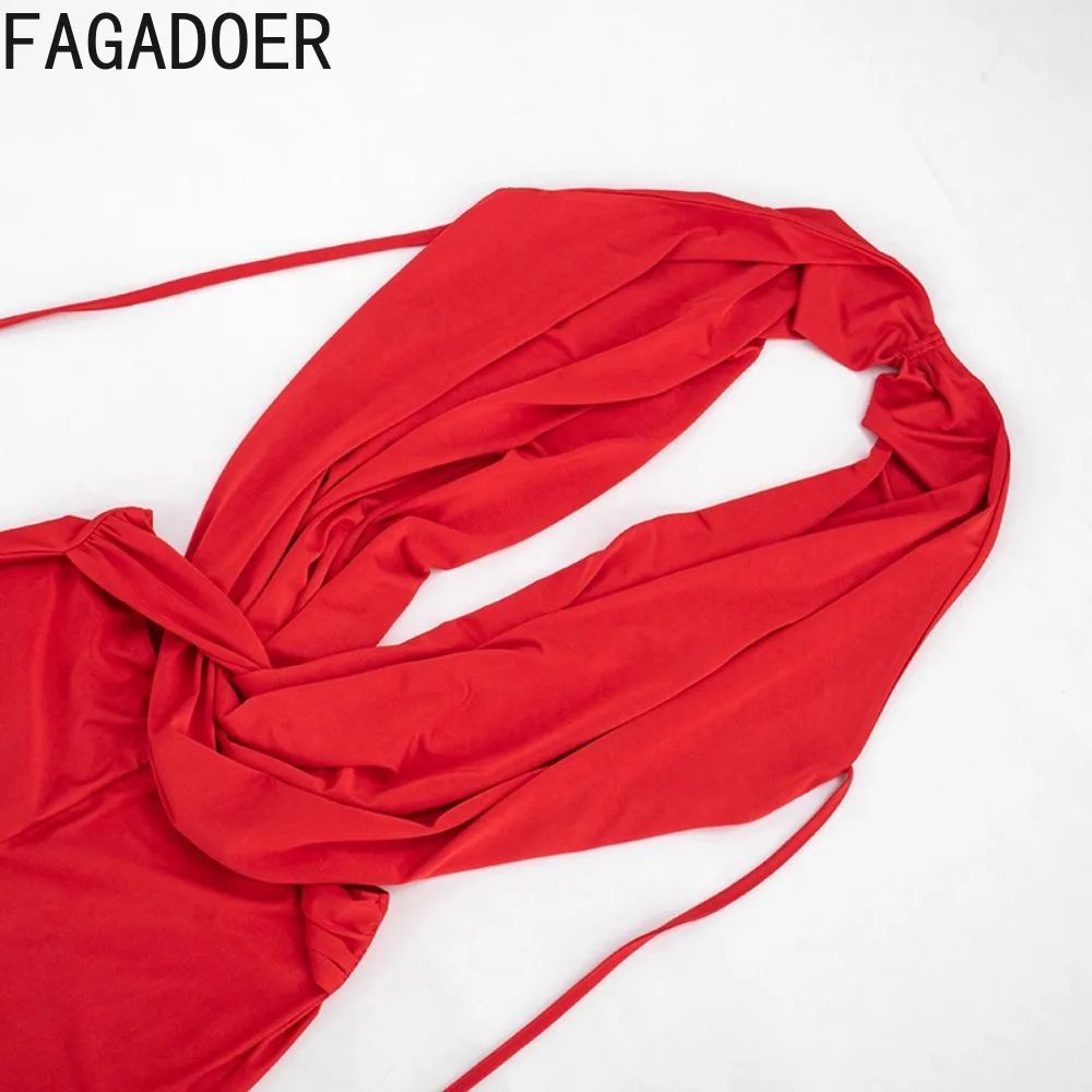 Красный сексуальный комбинезон-боди FAGADOER с глубоким V-образным вырезом, завязками на шее и шнуровкой сзади, облегающий, для вечеринок и клубов, в стиле стритвир (art.: 3920da3b8a6fb) - 3920da3b8a6fb
