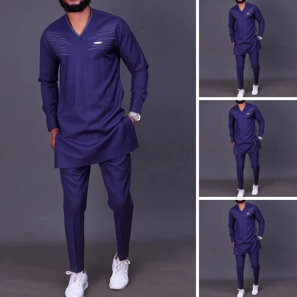 Dashiki Men Outfit 2Piec Man Set African Clothing Elegant Blue Set Up Suit Up And Down Long Sleeve Shirt Trouser Social Suit