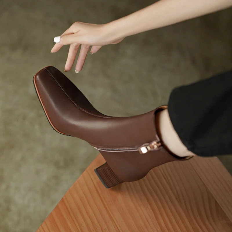 

Autumn/Winter Women Boots SheepSkin High Heel Boots Square Toe Square Heel Shoes for Women Concise Short Modern Boots Fall Shoes