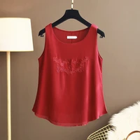 women chiffon blouses sleeveless shirt summer o neck embroidered female loose pullover vintage blusas shirts womens casual tops