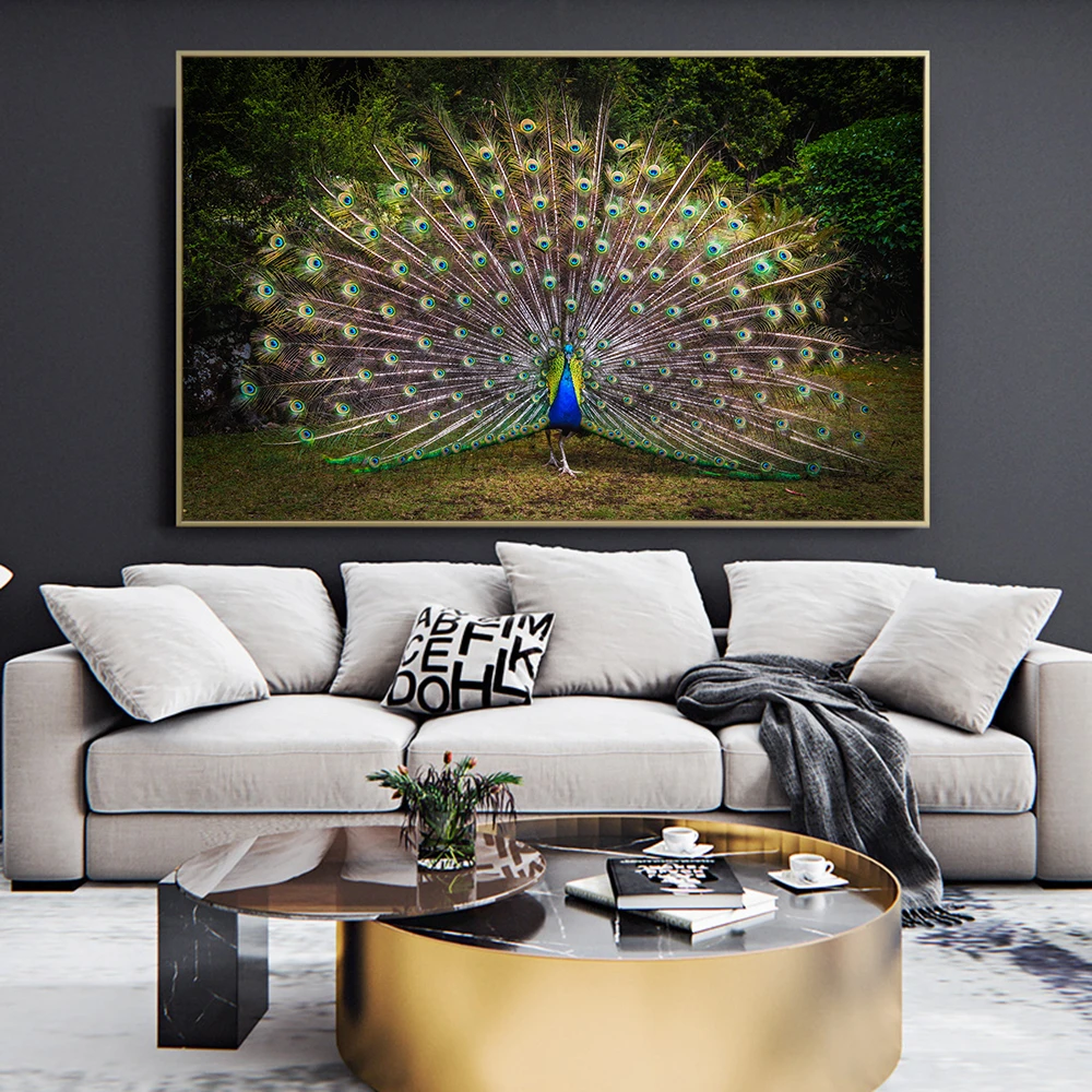 

The Peacock Spreads Its Tail Feathers Wall Art Printed on Canvas Painting Animal Poster Picture for Living Room Decoration