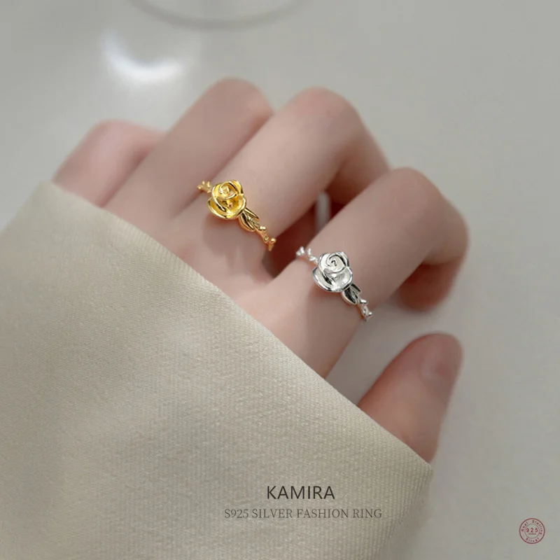 

KAMIRA 925 Sterling Silver Romantic Elegant Rose Flower Finger Ring for Women Female Wedding Sweet Fine Jewelry Gift Accessories
