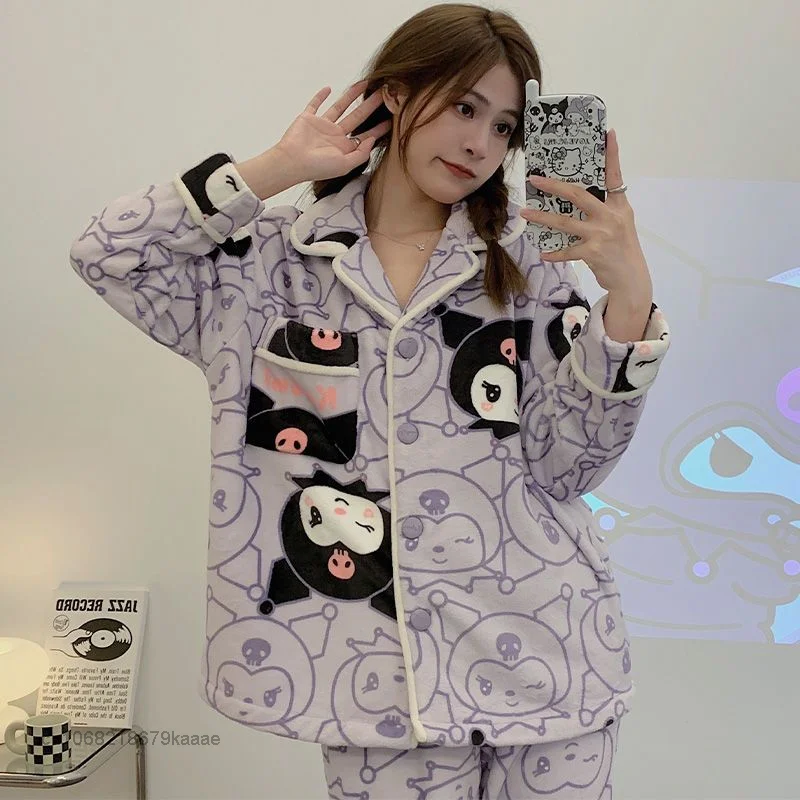 Sanrio Kuromi New Flannel Home Clothes Soft Plush Pajamas Suit Y2k Cartoon Cardigan Tops Pants 2 Piece Set Women Cute Sleepwear