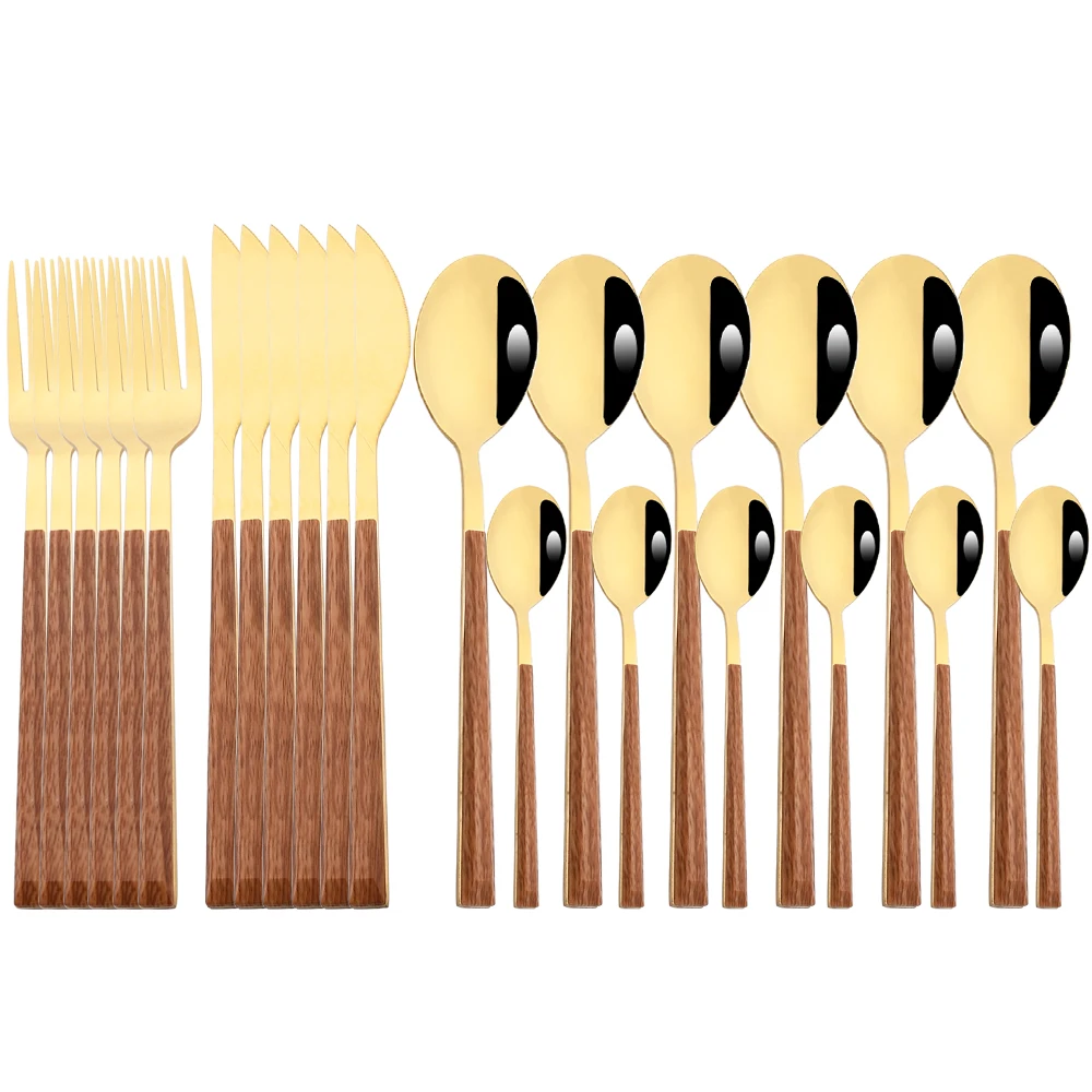 

Drmfiy 24Pcs Brown Gold Dinnerware Set Knife Fork Spoons Flatware Set Stainless Steel Cutlery Set Wooden Handle Tableware Set