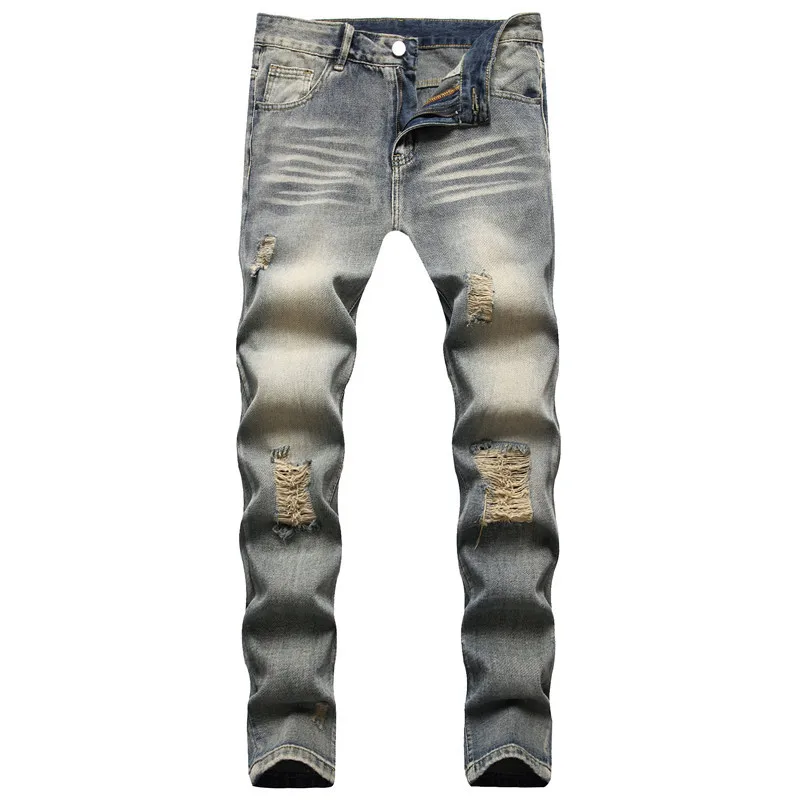 

2023 Men's Straight-Leg Denim Trousers Youth Retro Mid-Waist Worn Ripped Jeans