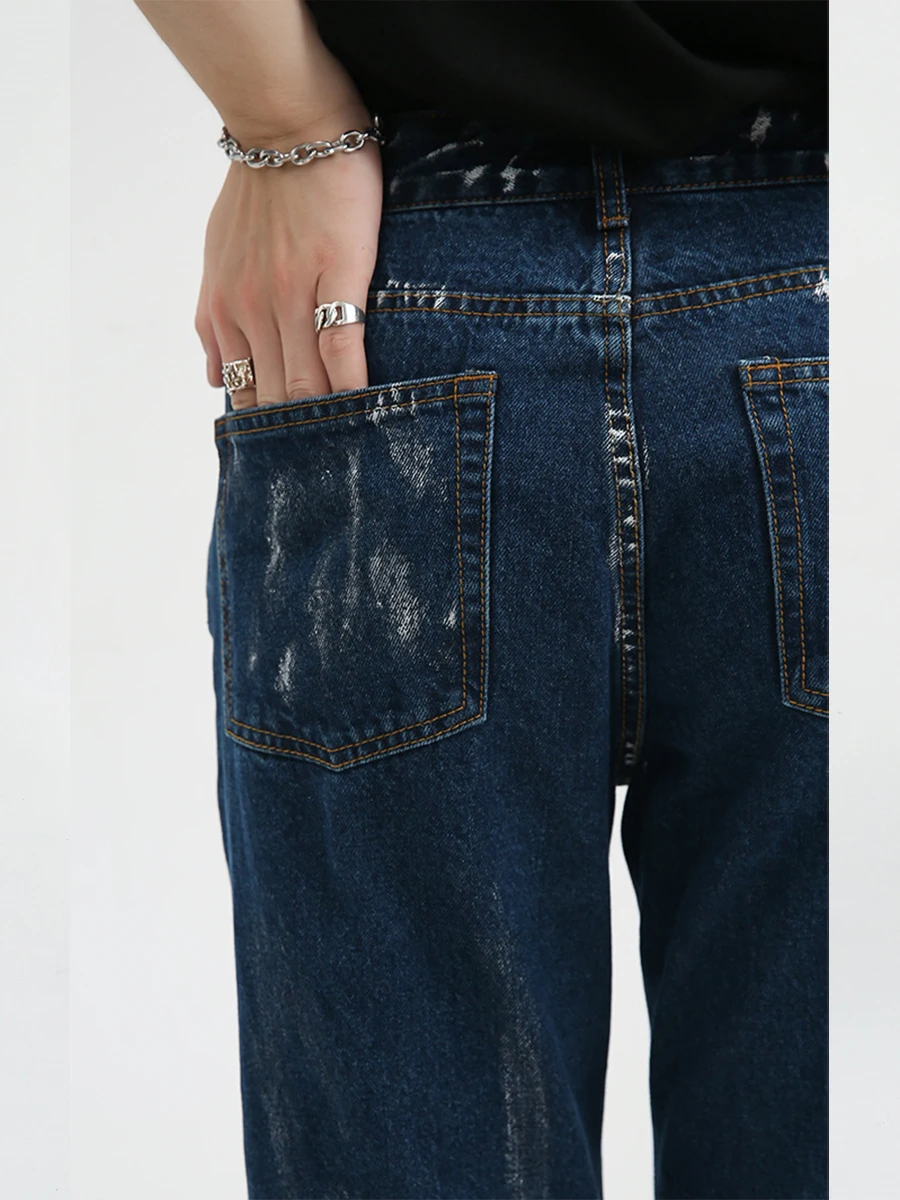 European and American Men Clothing Four Seasons Ink Splash Trousers Zipper Design Jeans Men Casual Straight Trousers Streetwear