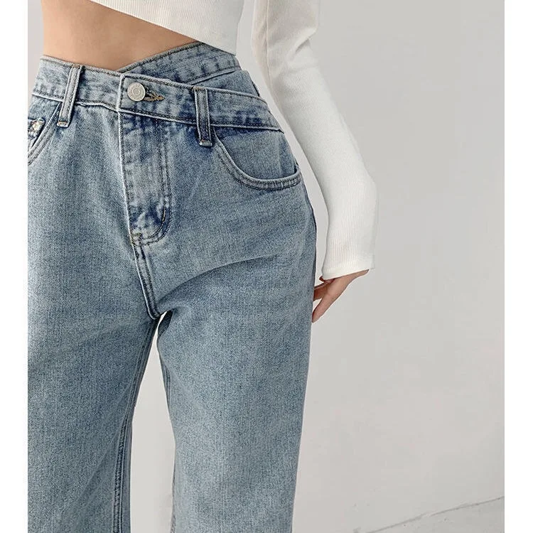 2022 Retro Style High-Waist Cross-Waist Jeans Women's Summer Slim Straight Drapey Mopping Trousers Straight Leg Denim Pants