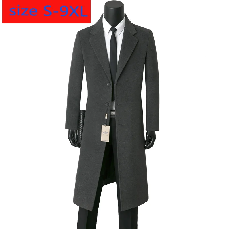 

New Men Cashmere Overcoat Windswear Style Single Button Wool Casual X-long Thick Wool Coat High Quality Plus Size S-7XL 8XL 9XL
