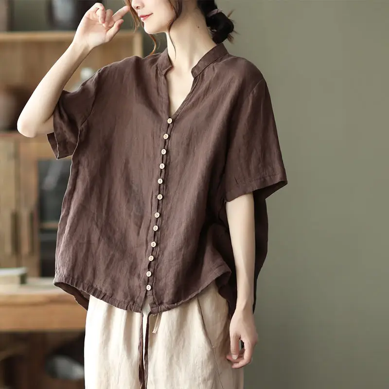 

New Arrival Arts Style Summer Women V-neck Short Sleeve Blouse Casual Cotton Linen Asymmetry Single Breasted Shirts P415
