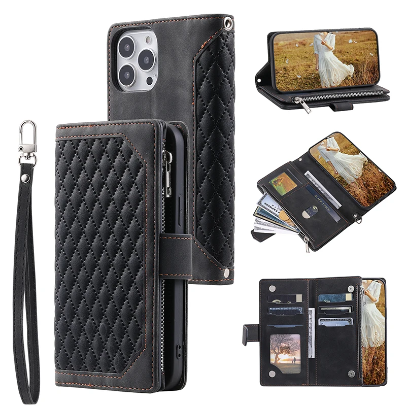 

Card Wallet Leather Flip Zipper Case For iPhone 13 12 11Pro Max 13 12 Mini XR XS Max X 78 SE 2020 7 8Plus with Lanyard Cover Bag