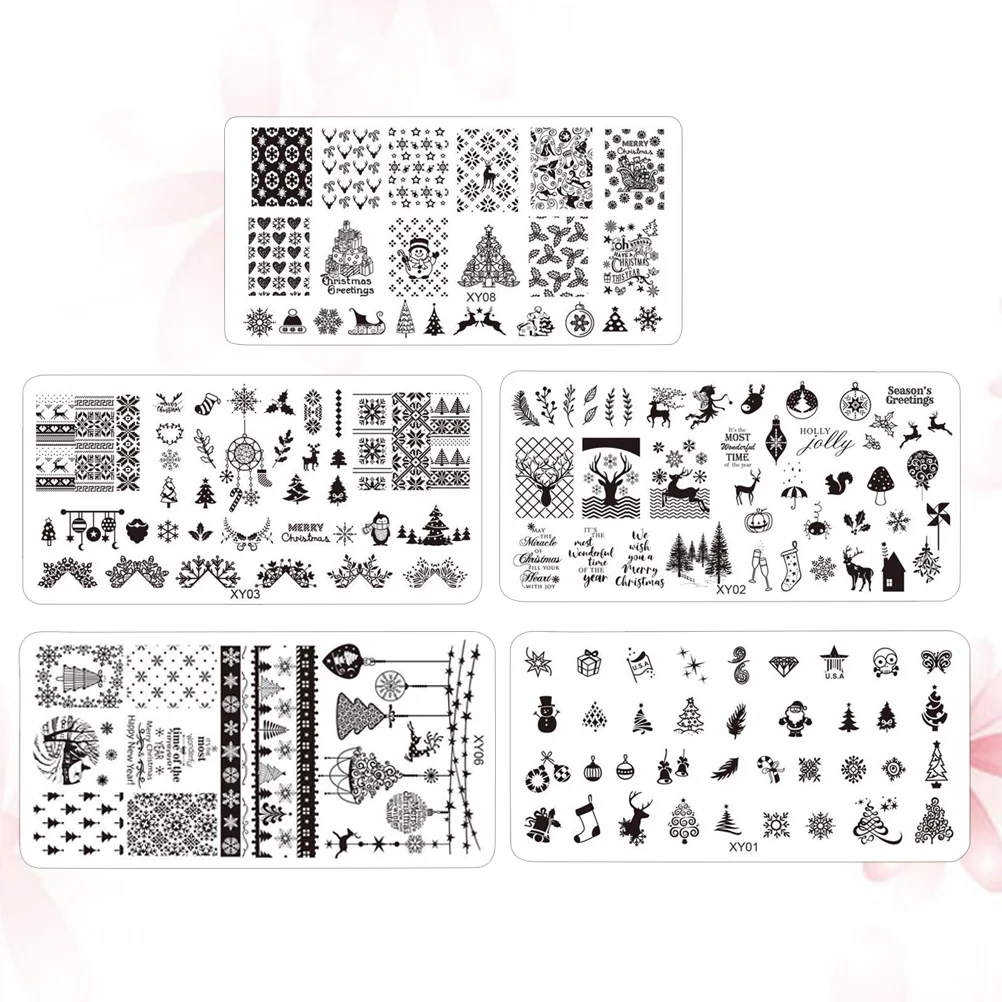 

5Pcs Nail Stamping Plates Christmas Nail Plates Winter Reindeer Snowflake Snowman Stampers Templates for Home Nail Salon
