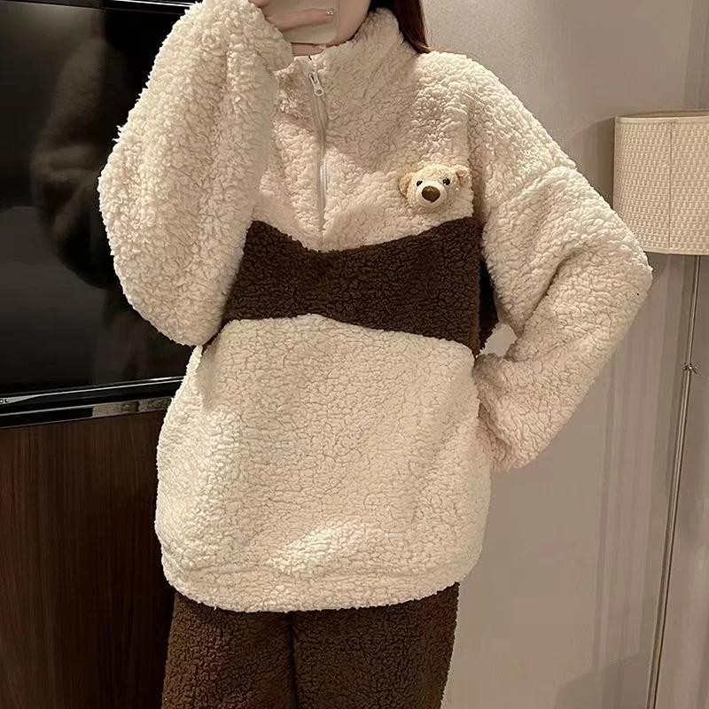 2022 New Pajamas Set For Women Thicken Warm Flannel Pyjamas Suit Coral Fleece Sweet Cute Flannel Winter Homewear Home Clothes