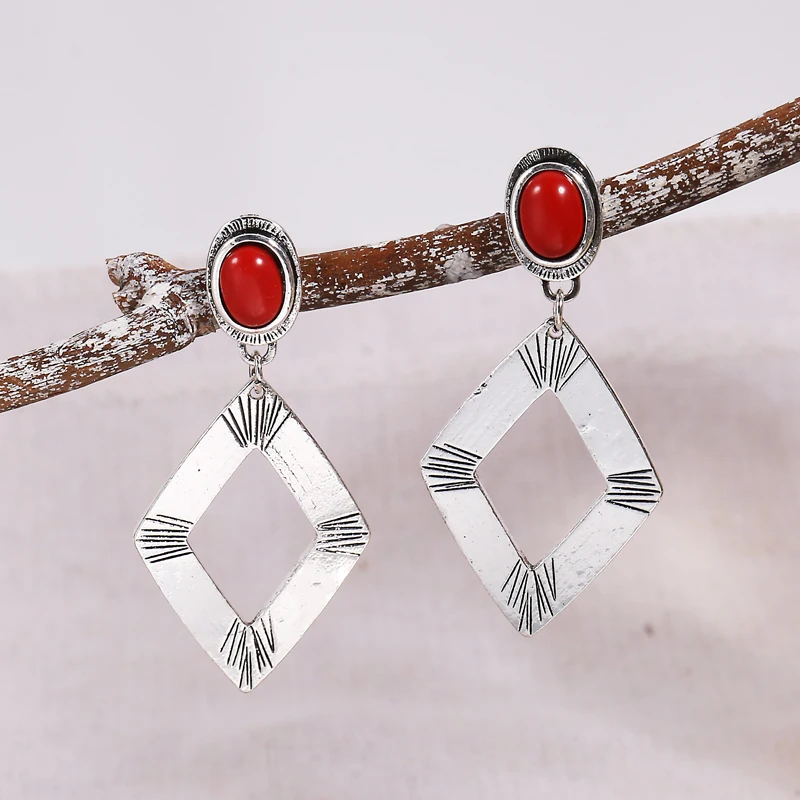 

Vintage Red Resin Stone Earrings for Women Tribal Boho Rhombus Drop Dangle Earrings Indian Jewelry