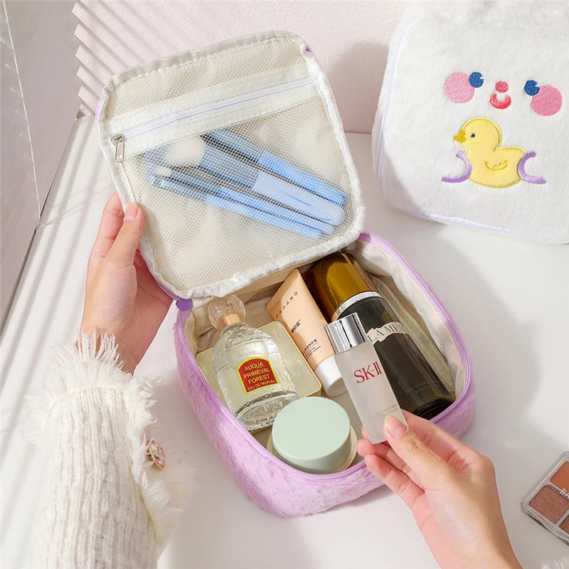 

Cartoon Plush Cosmetic Bag Large Capacity Makeup Bag For Girls Square Travel Organizer Storage Bags Rabbit Ears Toiletries Pouch