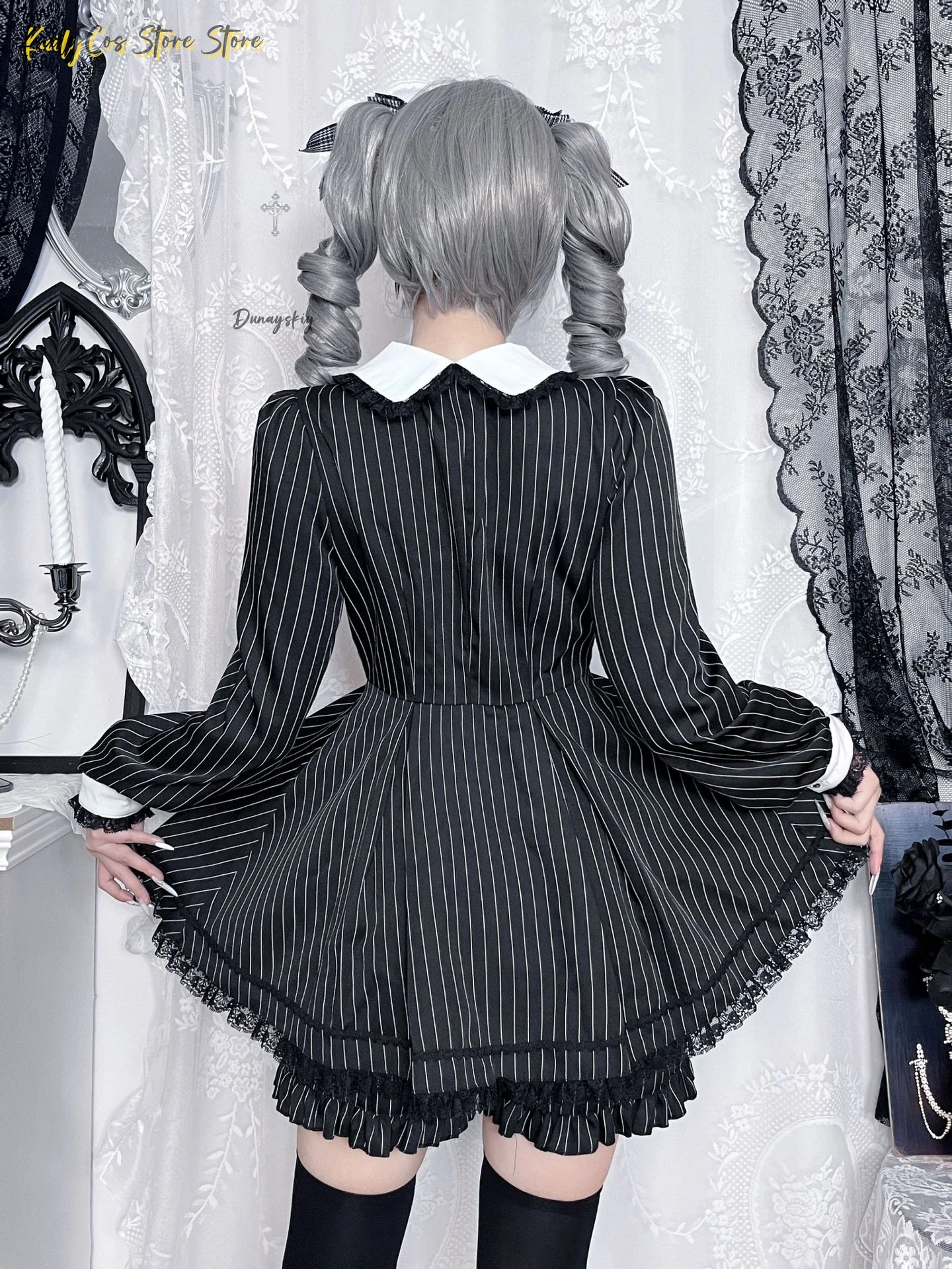 Новый японский полосатый наряд горничной Jirai Kei Lolita, комплект платья с длинными рукавами, кружево с рюшами + фартук + пояс |   Аниме-стиль горничной (art.: 3920d43ce5a2f) - 3920d43ce5a2f