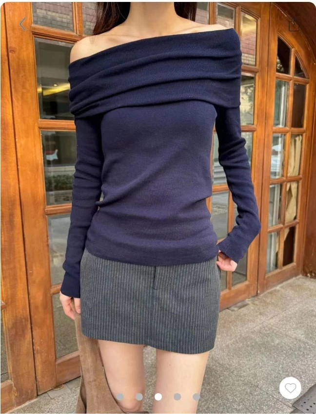 Женский топ с длинными рукавами и прямым плечом на ключице осень 2024 повседневный