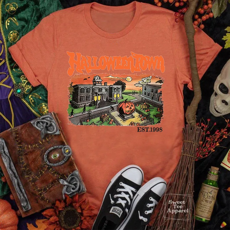 

Rheaclot Хэллоуин Город 1998 женские летние топы футболка с графическим рисунком футболка с круглым вырезом