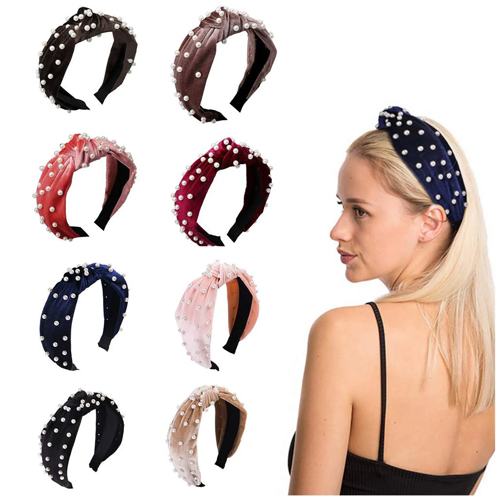 

New Bohemian Velvet Knot Faux Pearl Headband Cross Knot Beading Hair Band Twisted Knotted Wide Hair Hoops Girls Hair Accessories