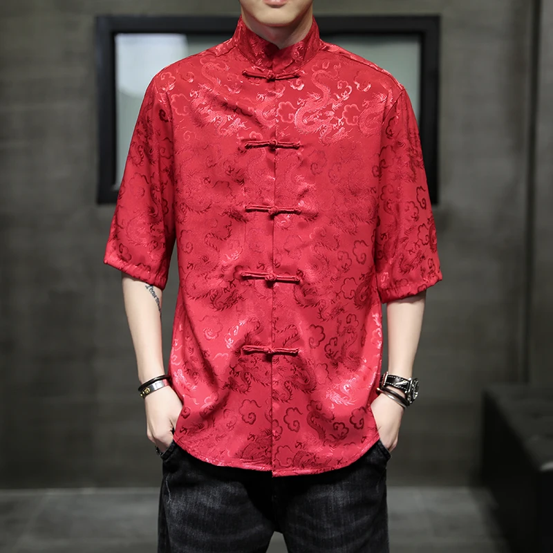 

2022 Men Chinese Traditional Mens Dragon Kung Fu Shirt Top Mens Short Sleeve Shirt Elegant Tang Jacquard Gentleman Shirt