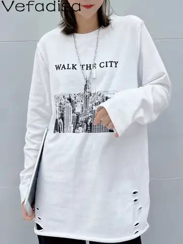 Vefadisa Women Long Sleeves Crew Neck T-shirt Loose Letter Printing City Pattern Wild Hole White T-shirt 2022 Autumn LHX1387