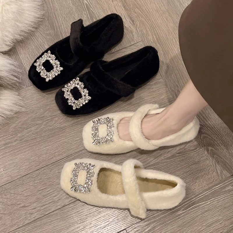 Роскошные женские меховые балетки с квадратной пряжкой и кристаллами зимние