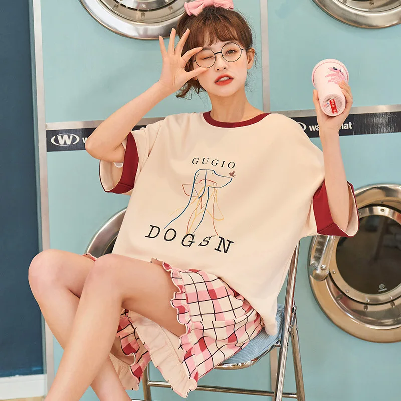 Women's cotton summer pajamas new short-sleeved shorts large size casual thin suit cute fashion home wear