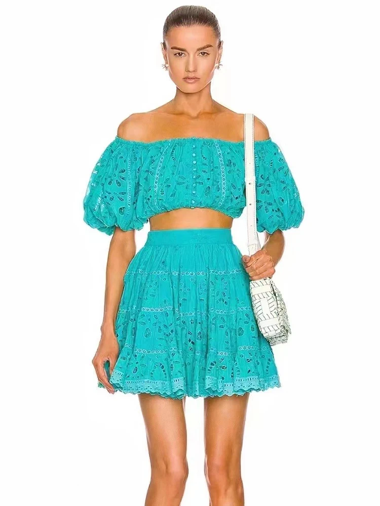 

Design Sexy One-Line Neck Retro Hollow Out Short Shirt Two Piece Ladies Summer New + Fashion High Waist Puff Skirt Fashion Suit