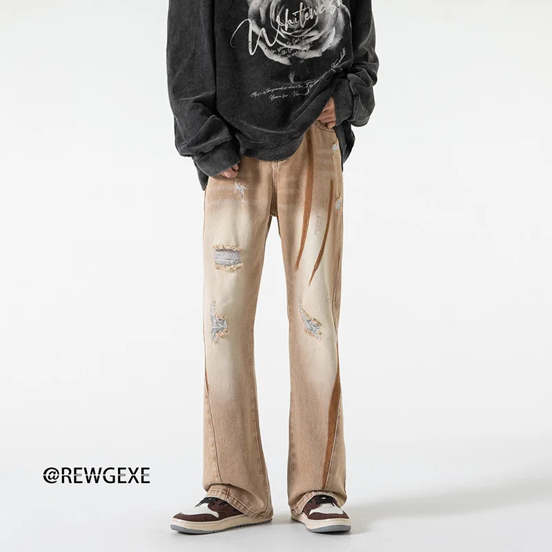 Coffee Blue Black Baggy Jeans Men Fashion Hole Straight Jeans Men Japanese Streetwear Hip Hop Loose Denim Pants Mens Trousers