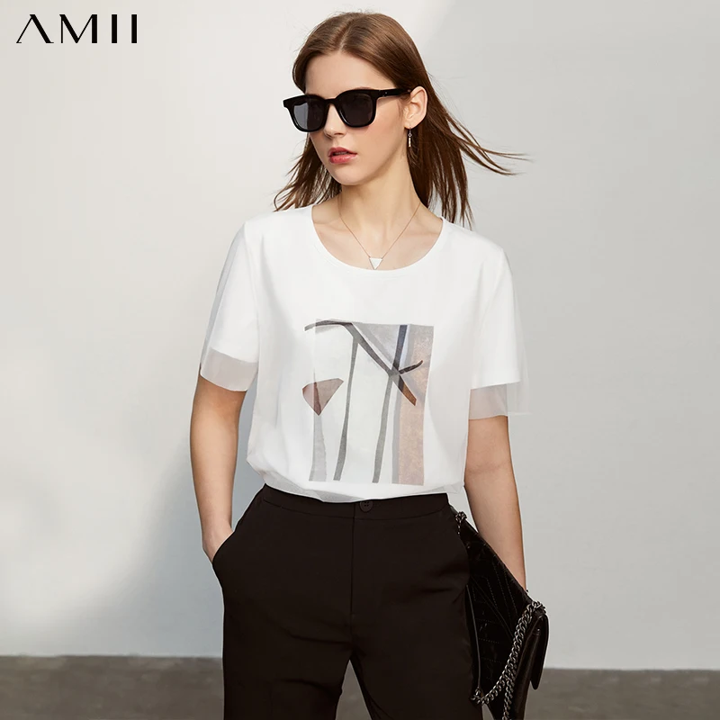

Женская летняя Кружевная футболка Amii в минималистском стиле, модные кружевные лоскутные топы с круглым вырезом и принтом, хлопковая Футбол...