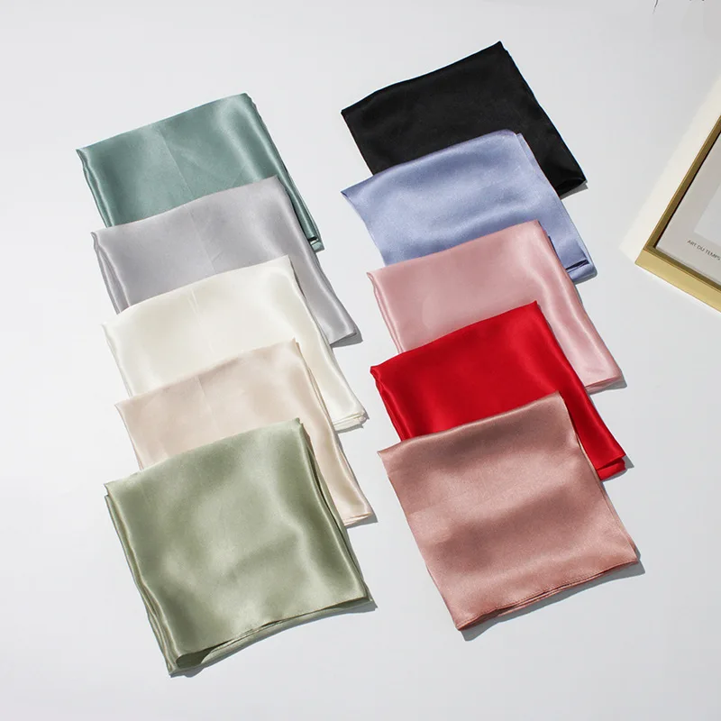 

100% Silk Square Scarf Solid Colors Neckerchief Hijab Scarf For Women Silk Satin Headband Hair Scarves 53cm Square Shawls