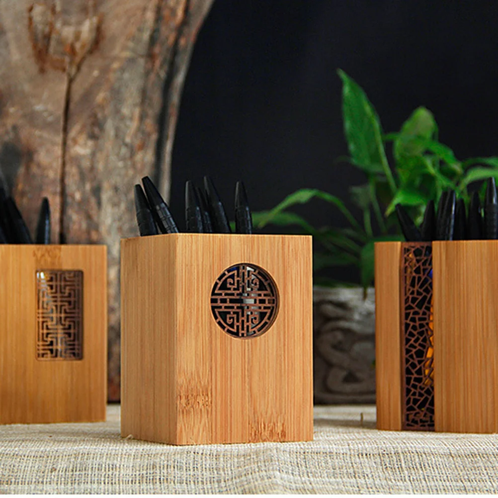 

Wooden Pen Holder with Hollow out Window Retro Brush Pot Container Desktop Stationery Organizer Gift (Wan For children