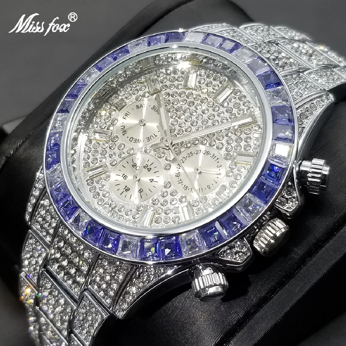 

MISSFOX Full Daimond Men Watch Luxury Iced Out Calendar Quartz Wristwatch Hip Hop Fashion Luminous Waterproof Clock Dropshipping