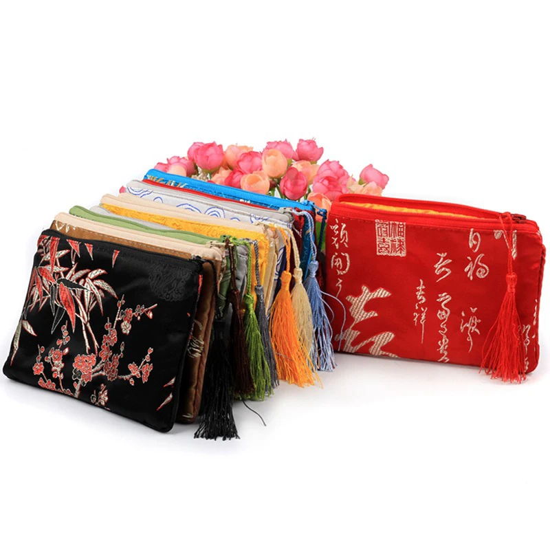 Wholesale 11*15cm Zipper Bag Tassel Brocade Bag Tassel Neck rope Cell Phone Bag Cover Chinese Silk Brocade Glasses Pouches Jewel