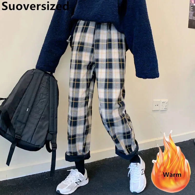 

Women's Plaid Plus Velvet Straight Pants Winter Warm Thicken High Waist Wide-leg Pantalon Streewaear Korean Casual Solid Trouser