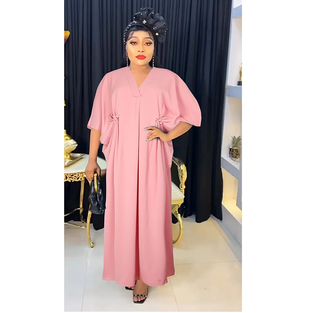 Plus Size  2023 Fashion New Women's Summer V-neck Short Sleeve Elegant Button Fold Chiffon Loose Solid Color Dress