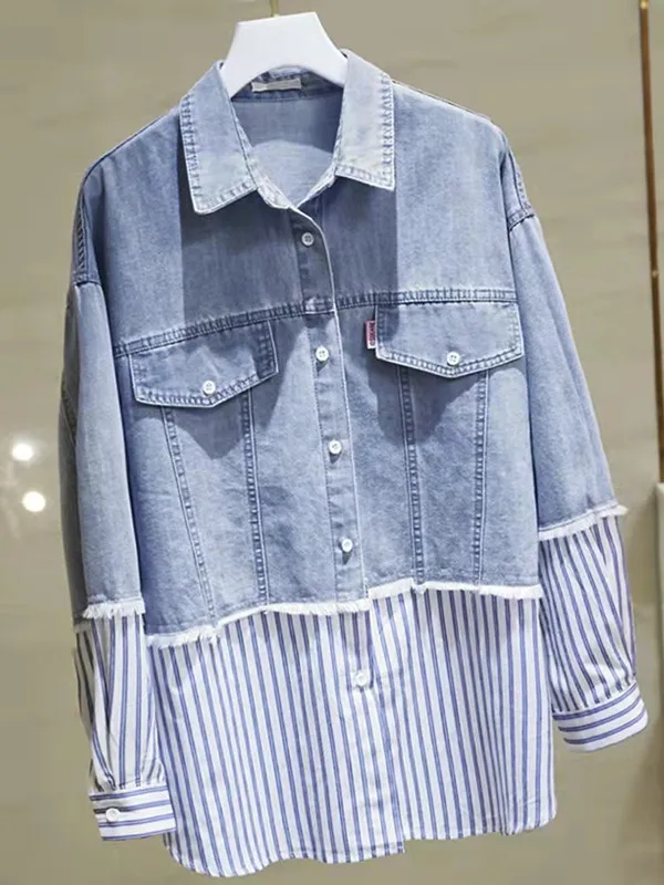 

SuperAen Denim Patchwork Shirts Women's Autumn Winter 2022 New Korean Fashion Loose Casual Stripe Stitching Long Sleeve Shirt