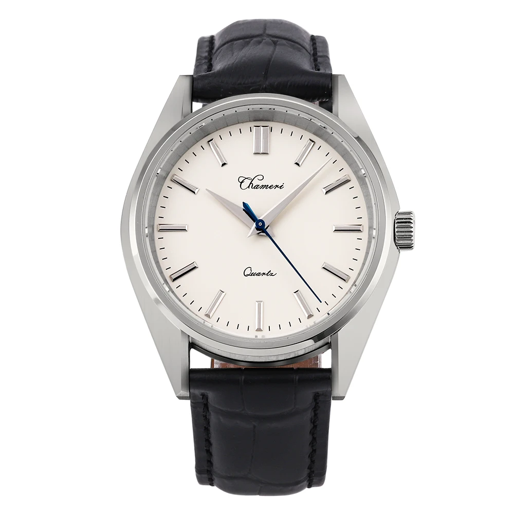 Chameri Luxury Brand Men Watch VH31 Quartz Movement 40mm White Stainless Steel Watch Simple Replica Flame Blued Hand Relogio