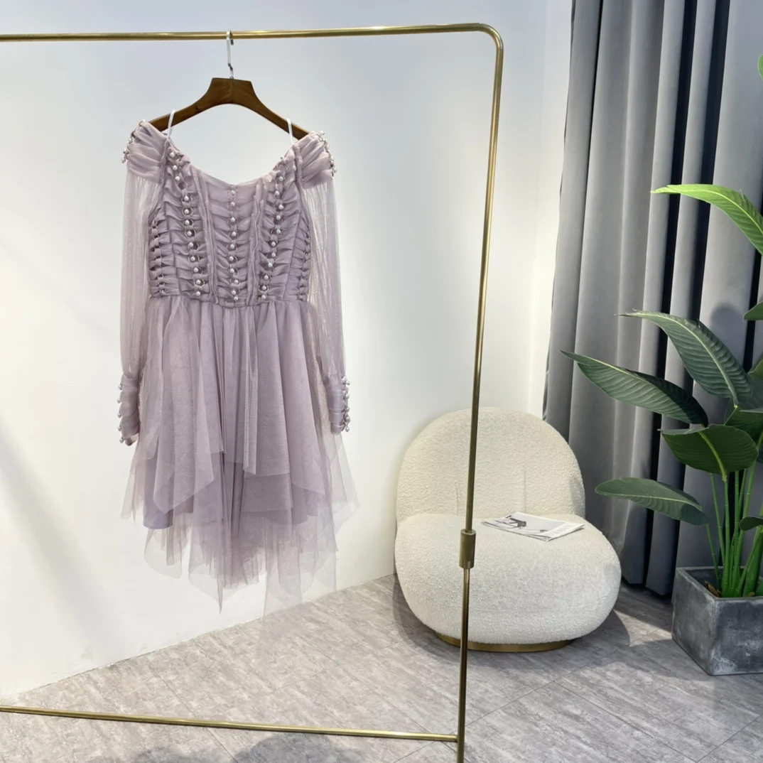 

Special Design 2022 Latest Autumn Lady High Quality Pearl Beading Asymmetrical Style Transparent Solid Beige Purple Mini Dress