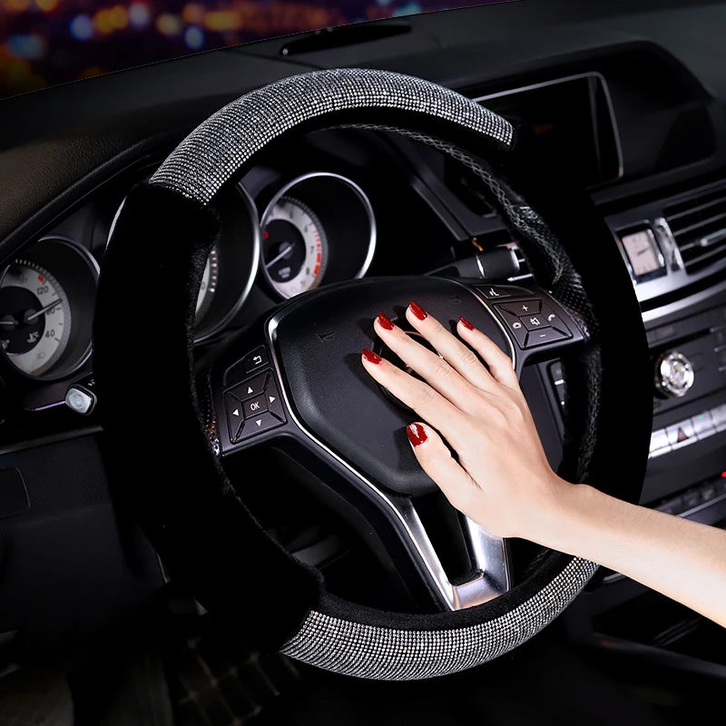 

Universal Winter Bling Rhinestone Plush Steering wheel Cover Crystal Diamond Car Interior Accessories For Women Girls 15 Inch