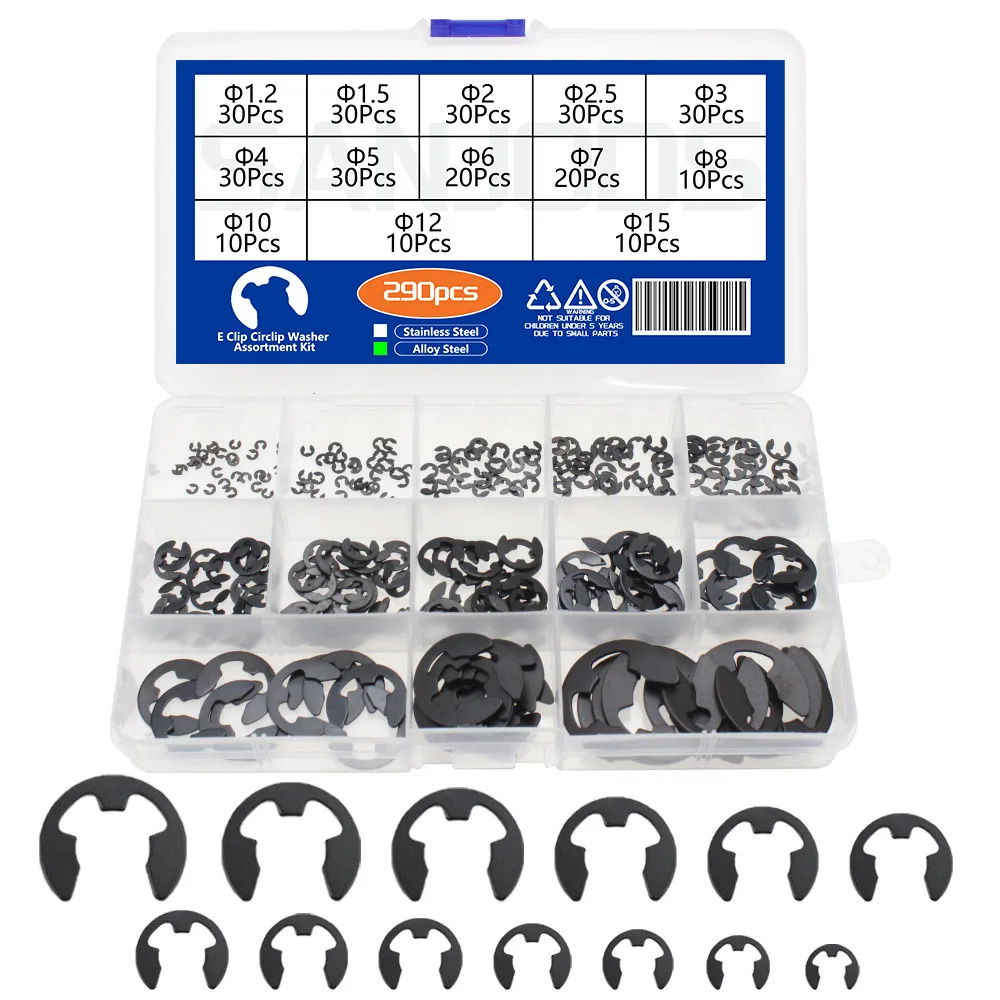 290Pcs Alloy Steel E Clip Circlip Washer Assortment Kit Circlip External Retaining Ring for Shaft Fastener Pulley Shaft 1.2-15mm