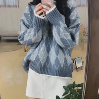autumn and winter new korean retro lazy style stitching pure color simple loose fashion trendy sweater plus velvet thick top