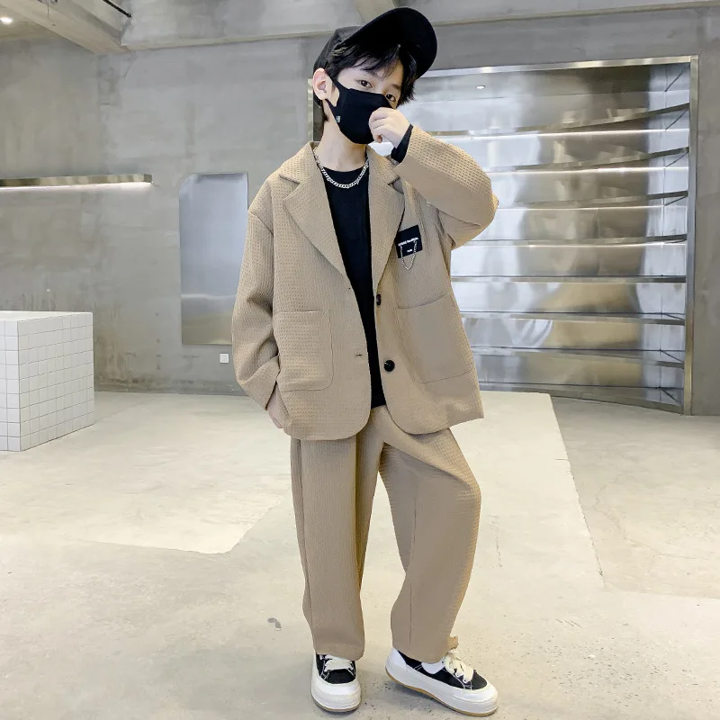 

Детская одежда для подростков, весенний Новый Повседневный официальный костюм, блейзер с лацканами и брюки, модная уличная одежда из 2 предметов, наряды для мальчиков 4-14 лет