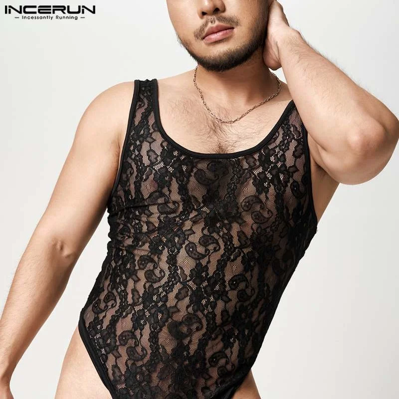 

Men's Fashion Sexy Leisure Onesies Comfortable Homewear Short Jumpsuit Slveless Lace Bodysuits Romper Wear Short S-5XL