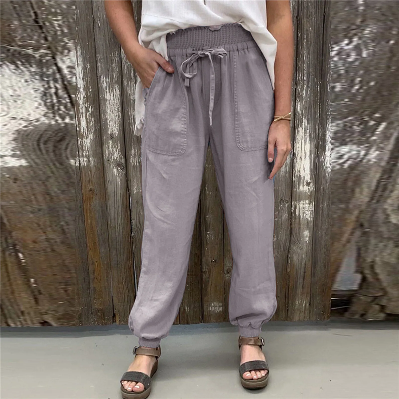

Womens Gray Pants Casual Linen Casual Pocket Loose Women Pants Clothes Cotton Solid Trousers Pants Lightweight Casual