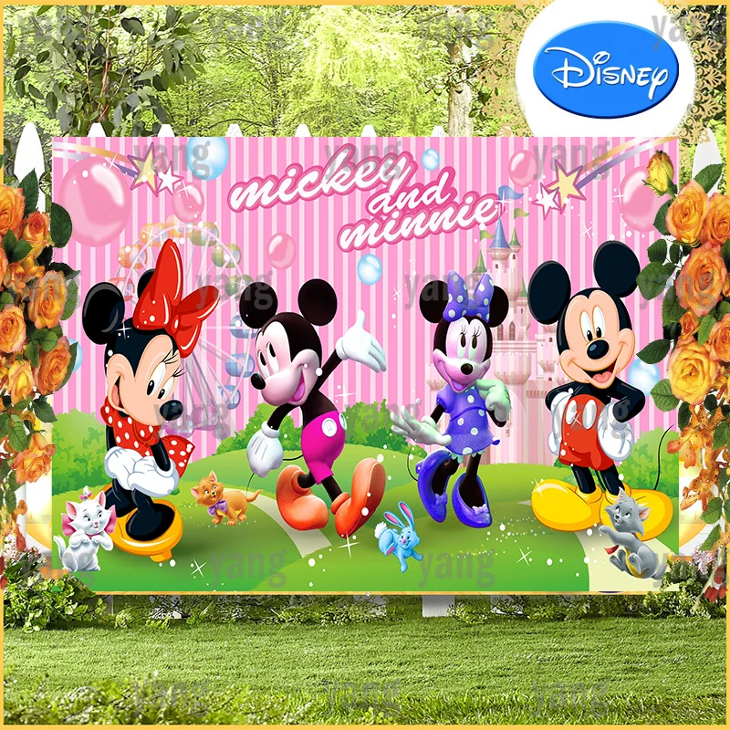 

Cartoon Custom Disney Lovely Mickey Minnie Mouse Colorful Balloon Castle Streamer Backdrop Birthday Party Photography Background