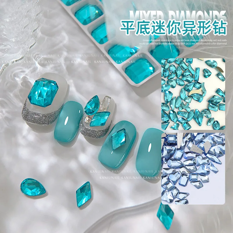 

100pcs Blue Green Flatback Diamonds Mix Shaped Rhinestone For Nails 3d Charms Crystals DIY Nail Supplies Nail Colorful Stones