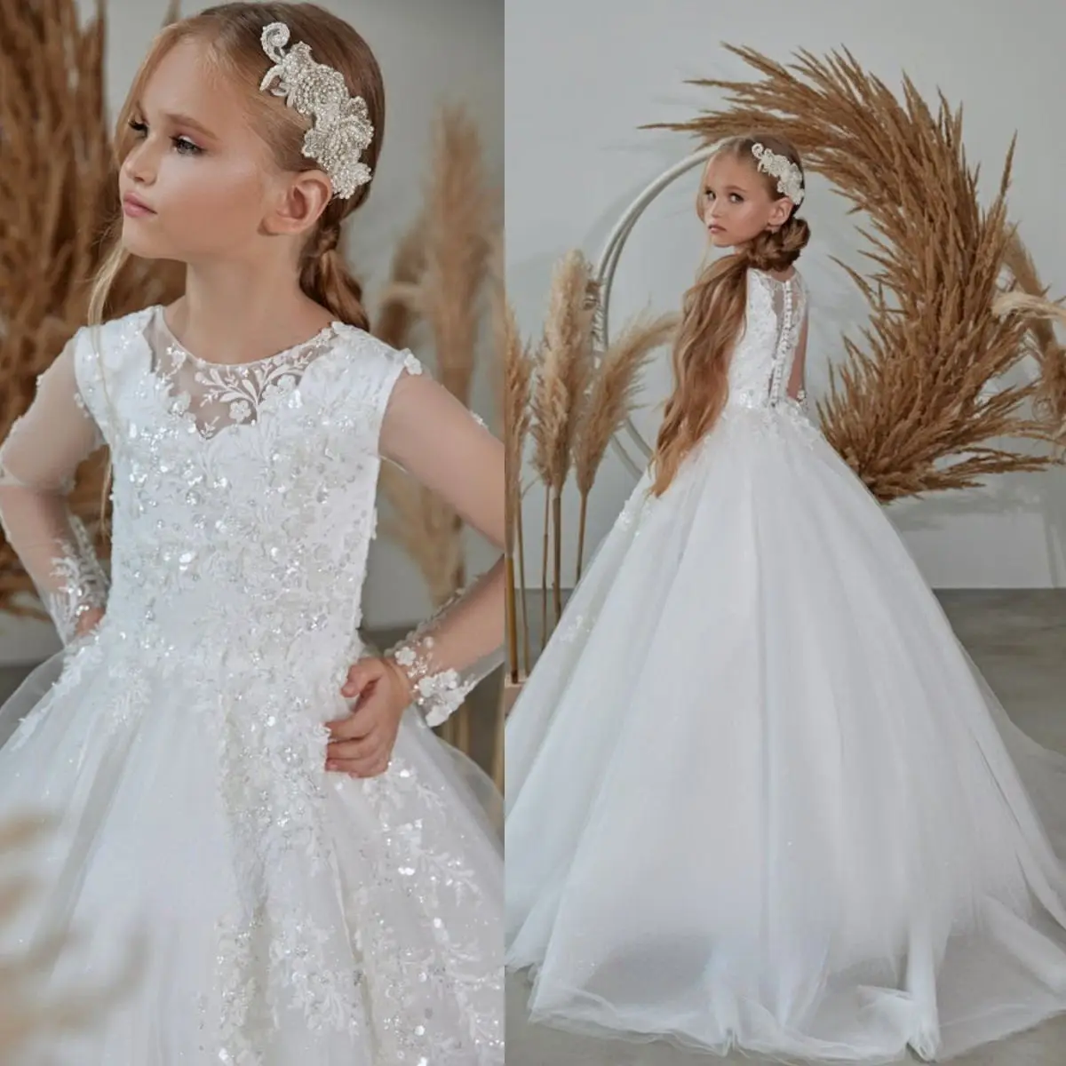 

Elegant Lace Tulle Flower Girls Dress Applique Sequins Kid Bridesmaid Robe Princess Pageant Party First Communion Gown