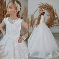 elegant lace tulle flower girls dress applique sequins kid bridesmaid robe princess pageant party first communion gown