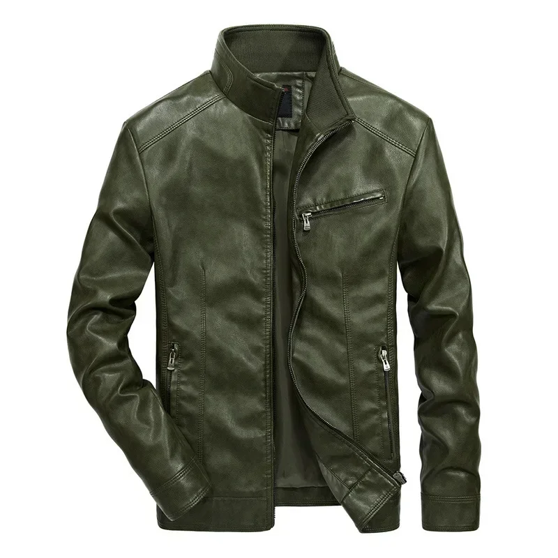 PU Jacket Boy Autumn Winter Green Motorcycle Oversize Man Faux Leather Stand Collar Casual Long Sleeve Coat