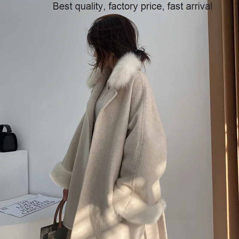 

High quality luxury brand Double faced alpaca fox fur collar mink cuffs 2023 winter new small woolen coat